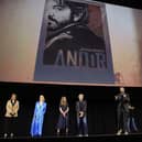 (L-R) Kathleen Kennedy, President, Lucasfilm, Genevieve O'Reilly, Sanne Wohlenberg, Tony Gilroy, Diego Luna and Yvette Nicole Brown attend the studio showcase panel at Star Wars Celebration for 'Andor'.