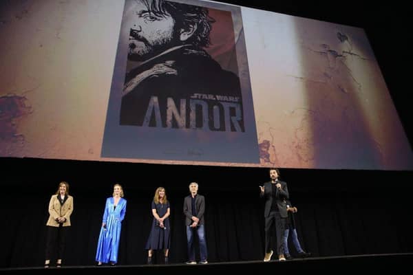 (L-R) Kathleen Kennedy, President, Lucasfilm, Genevieve O'Reilly, Sanne Wohlenberg, Tony Gilroy, Diego Luna and Yvette Nicole Brown attend the studio showcase panel at Star Wars Celebration for 'Andor'.