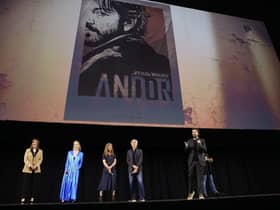 (L-R) Kathleen Kennedy, President, Lucasfilm, Genevieve O'Reilly, Sanne Wohlenberg, Tony Gilroy, Diego Luna and Yvette Nicole Brown attend the studio showcase panel at Star Wars Celebration for 'Andor'.