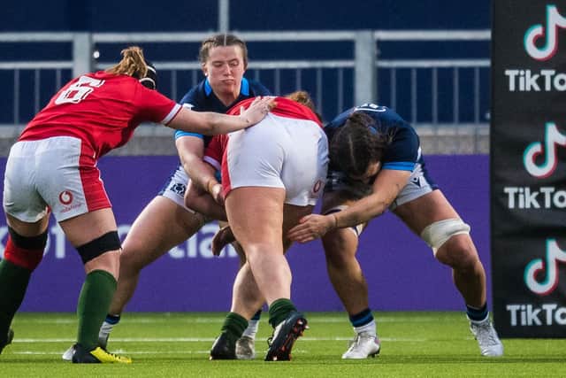 Anne Young (centre) in action for Scotland during the Six Nations defeat to Wales at the DAM Health Stadium on April 1st. (Photo by Ross Parker / SNS Group)