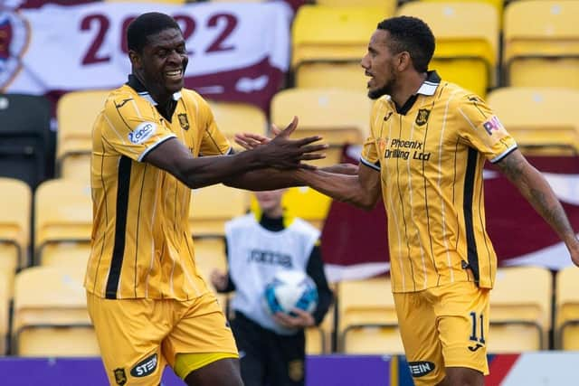 Cristian Montano celebrates putting Livingston ahead against Hearts.  (Photo by Paul Devlin / SNS Group)