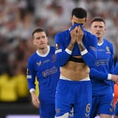 Rangers defender Connor Goldson, pictured in despair after defeat in the Europa League final on Wednesday, could make his last appearance for the Ibrox club in the Scottish Cup final against Hearts on Saturday. (Photo by Justin Setterfield/Getty Images)