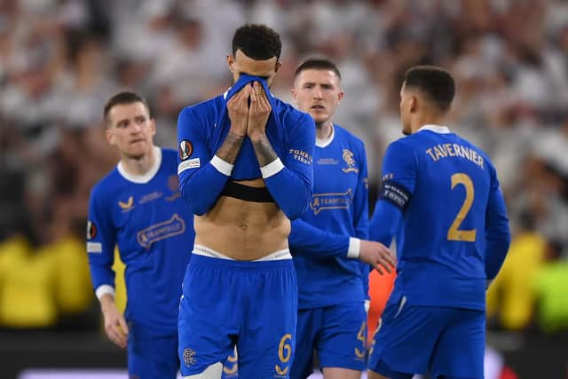 Rangers defender Connor Goldson, pictured in despair after defeat in the Europa League final on Wednesday, could make his last appearance for the Ibrox club in the Scottish Cup final against Hearts on Saturday. (Photo by Justin Setterfield/Getty Images)