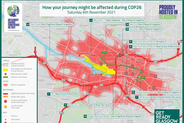 A "heat map" of Glasgow for Saturday, showing the march route from Kelvingrove Park to Glasgow Green in green and likely road congestion in red and pink. Picture: GetReadyGlasgow