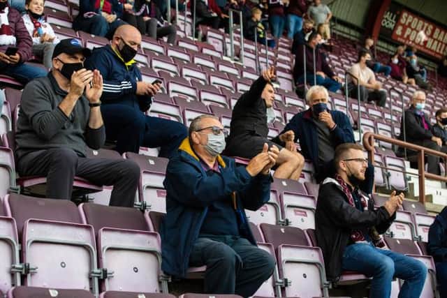 Hearts fans during a cinch Premiership match between Hearts and Celtic at Tynecastle Park , on July 31, 2021, in Edinburgh, Scotland. (Photo by Alan Harvey / SNS Group)