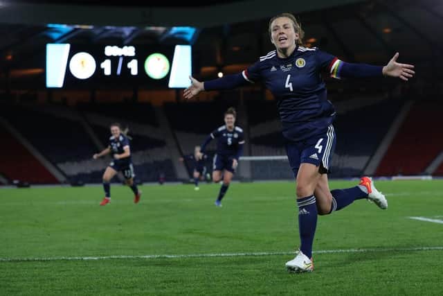 Rachel Corsie of Scotland celebrates scoring her team's second goal during the FIFA Women's World Cup 2023 Qualifier group B match between Scotland and Hungary. (Photo by Ian MacNicol/Getty Images)
