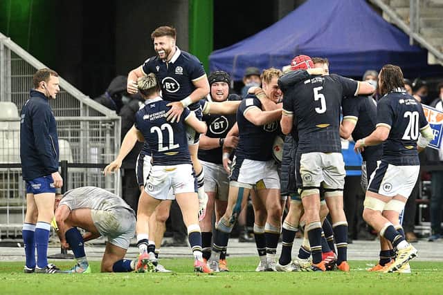 Celebrations begin for Scotland after Duhan van der Merwe's late, late try. Picture: PA Wire via ABACA