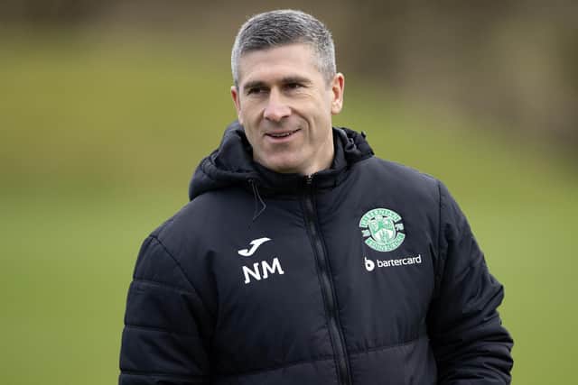 Nick Montgomery leads the Hibs training session on Friday ahead of the visit of St Mirren. (Photo by Ewan Bootman / SNS Group)