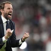 England manager Gareth Southgate celebrates at full-time after his team defeated Denmark 2-1 in extra-time in their semi-final at Wembley on Wednesday night. (Photo by FRANK AUGSTEIN/POOL/AFP via Getty Images)