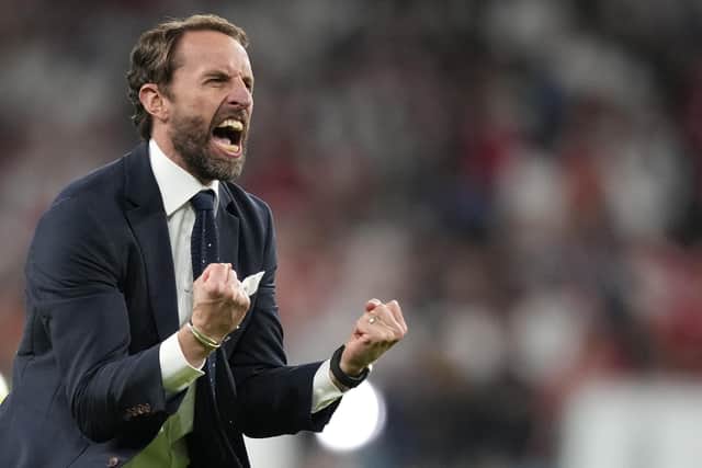 England manager Gareth Southgate celebrates at full-time after his team defeated Denmark 2-1 in extra-time in their semi-final at Wembley on Wednesday night. (Photo by FRANK AUGSTEIN/POOL/AFP via Getty Images)
