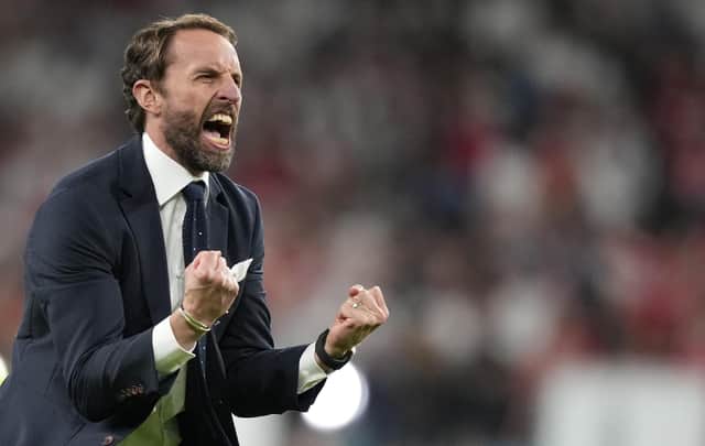 England manager Gareth Southgate celebrates at full-time after his team defeated Denmark 2-1 in extra-time in their semi-final at Wembley on Wednesday night. (Photo by FRANK AUGSTEIN/POOL/AFP via Getty Images)