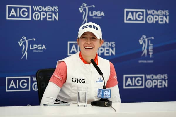Nelly Korda talks to the media during a press conference prior to the AIG Women's Open at Muirfield. Picture: Charlie Crowhurst/Getty Images.