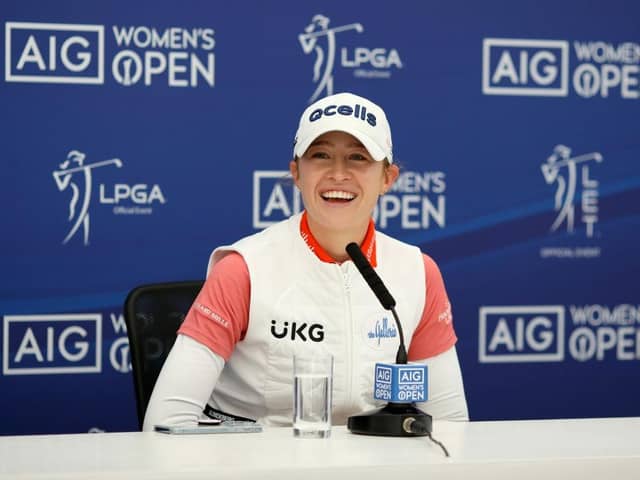 Nelly Korda talks to the media during a press conference prior to the AIG Women's Open at Muirfield. Picture: Charlie Crowhurst/Getty Images.