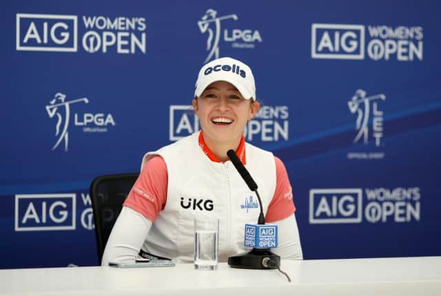 Nelly Korda talks to the media during a press conference prior to the AIG Women's Open at Muirfield. Picture: Charlie Crowhurst/Getty Images.
