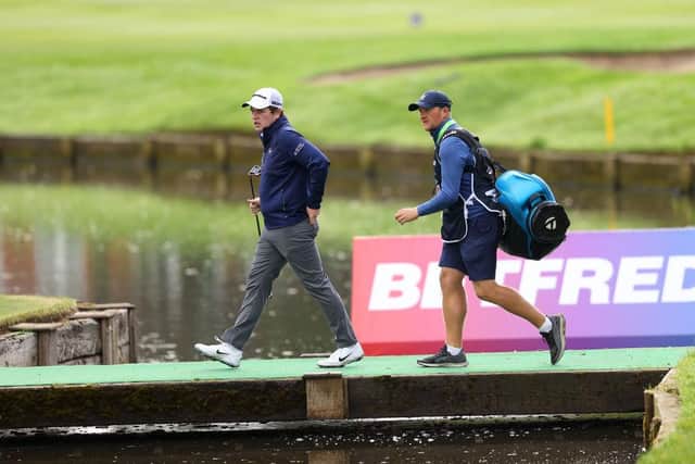 Bob MacIntyre and caddie Mikey Thomson walk to the 10th green during the first round of The Betfred British Masters hosted by Danny Willett at The Belfry. Picture: Richard Heathcote/Getty Images.