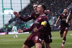 Lawrence Shankland celebrates after giving Hearts a 2-0 lead over Hibs at Easter Road in January. Photo by Craig Williamson / SNS Group