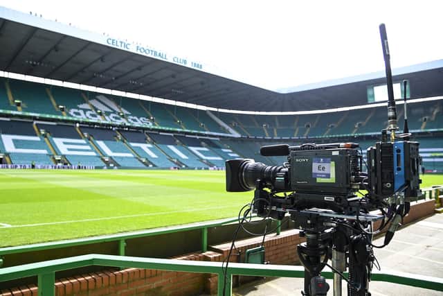 TV cameras are in place for Celtic v Hearts at celtic Park this afternoon. (Photo by Rob Casey / SNS Group)