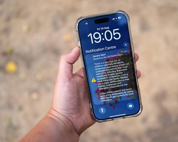 The mobile phone alert sytsem message sent to millions of people on Friday warning them against lighting anything that could spark a wildfre (PictureL Annabel Lee-Ellis/PA Wire)