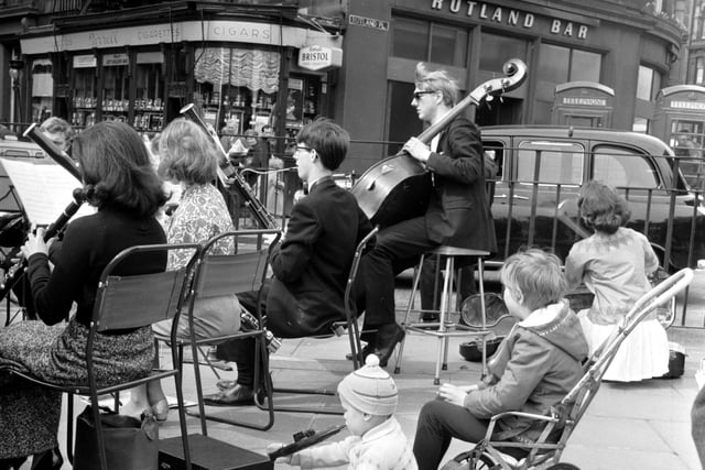 During the University of Edinburgh's Students Charities Day in April 1966, the University Musical Society played chamber music at the west end of Princes Street to raise some cash from shoppers.