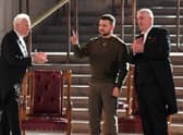 Ukrainian President Volodymyr Zelensky gives a V-for-Victory sign following his address to MPs and Lords in Westminster Hall (Picture: Stefan Rousseau/PA)