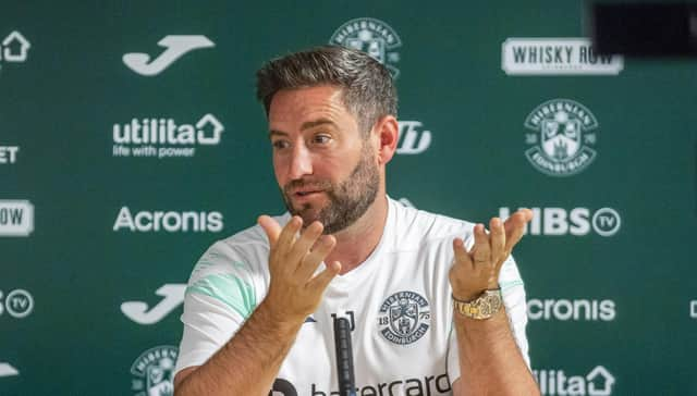 Hibs manager Lee Johnson has hit back at Hearts over claims his side over-celebrated their last-gasp equaliser in last weekend's Edinburgh derby.  (Photo by Rob Casey / SNS Group)