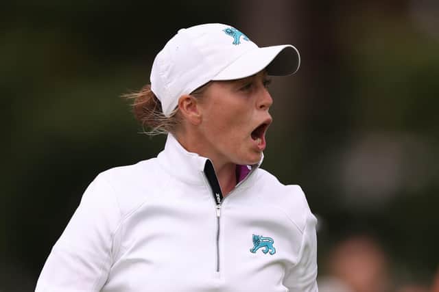 Hannah Darling celebrates during the Saturday foursomes in the 43rd Curtis Cup at Sunningdale. Picture: Oisin Keniry/R&A/R&A via Getty Images.