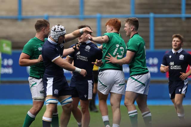 Tensions flare after Ireland's Shane Jennings scores a try against Scotland during the Under-20 Six Nations match at Cardiff Arms Park. Picture: Bradley Collyer/PA Wire
