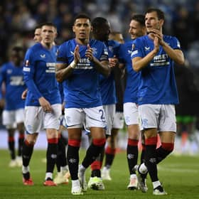 Rangers' James Tavernier and Borna Barisic applaud the fans after defeating Real Betis.