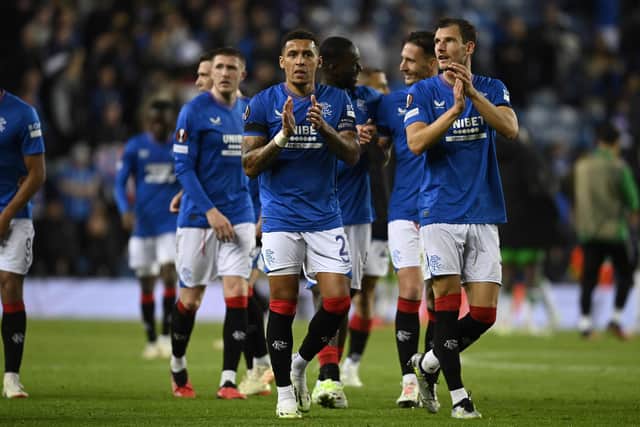 Rangers' James Tavernier and Borna Barisic applaud the fans after defeating Real Betis.