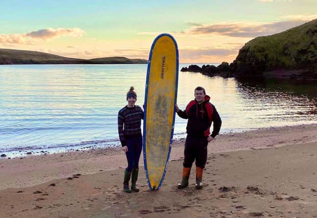 Stephanie Riise, 22, and Jake Anderson, 23,  of Shetland spotted the nine-foot board while out walking on Dec 28. The board has since been returned to its owner in Yorkshire after putting out a call on Facebook.