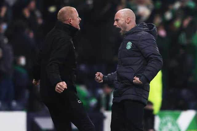 Hibs Caretaker Manager David Gray celebrates his side going ahead during the Premier Sports Cup Final between Celtic and Hibernian at Hampden Park, on December 19, 2021, in Glasgow, Scotland. (Photo by Craig Williamson / SNS Group)