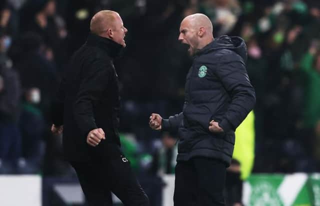 Hibs Caretaker Manager David Gray celebrates his side going ahead during the Premier Sports Cup Final between Celtic and Hibernian at Hampden Park, on December 19, 2021, in Glasgow, Scotland. (Photo by Craig Williamson / SNS Group)