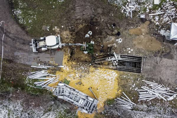 An aerial view of the site where a missile strike killed two men in the eastern Poland village of Przewodow, near the border with Ukraine (Picture: Wojtek Radwanski and Damien Simonart/AFP via Getty Images)