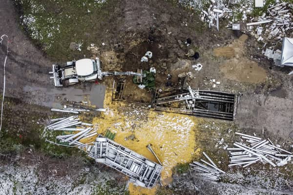 An aerial view of the site where a missile strike killed two men in the eastern Poland village of Przewodow, near the border with Ukraine (Picture: Wojtek Radwanski and Damien Simonart/AFP via Getty Images)