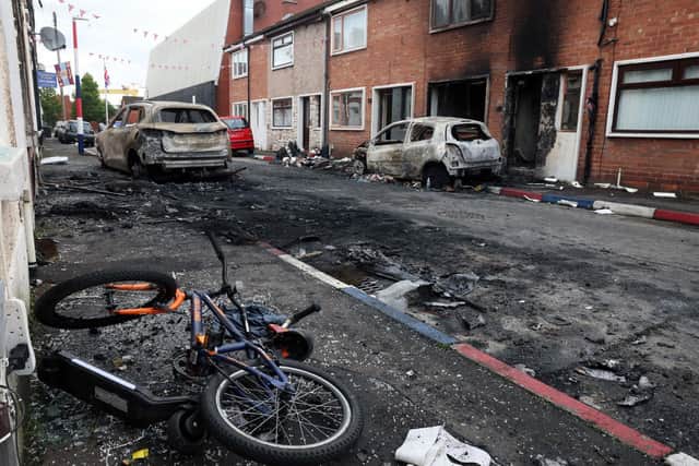 There was widespread disorder in Belfast on Tuesday evening, with cars and houses set alight. Picture: PA
