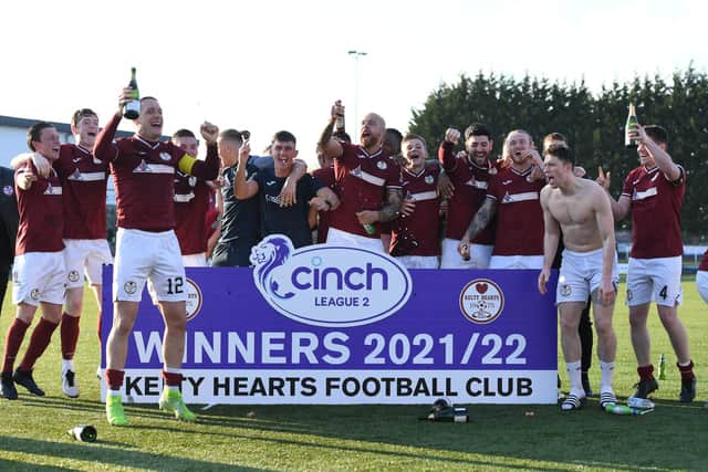 Kelty Hearts players celebrate as they win the League 2 title with a 1-0 win over Stenhousemuir.