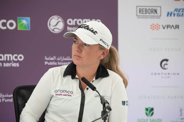 England's Bronte Law speaks the media ahead of this week's Aramco Team Series at Centurion Club near St Albans.