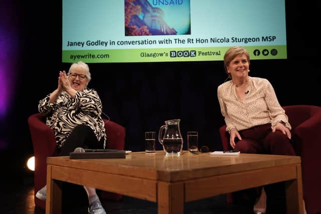Former first minister Nicola Sturgeon chairs an event with comedian Janey Godley at the Aye Write book festival at the Royal Concert Hall, Glasgow, last year. Photo: Robert Perry/PA Wire
