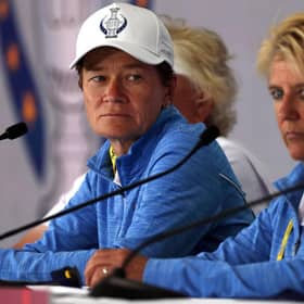 Team Europe captain Catriona Matthew during a press conference ahead of the start of the Solheim Cup at Inverness Golf Club in Toledo, Ohio. Picture: Gregory Shamus/Getty Images.