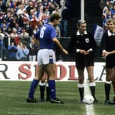 Referee George Smith with the Rangers and Aberdeen captains, Terry Butcher (left) and Willie Miller before kick-off in the 1988 League Cup final.