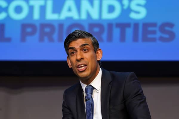 Prime Minister Rishi Sunak speaking on the first day of the Scottish Conservative party conference at the Scottish Event Campus (SEC) in Glasgow.