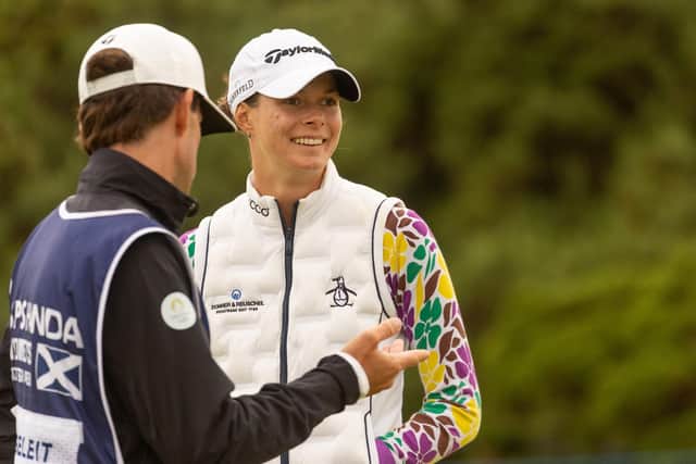 German Esther Henseleit shares a laugh with her caddie during the third round of the ISPS HANDA Women's Scottish Open at Dundonald Links. Picture: Tristan Jones/LET