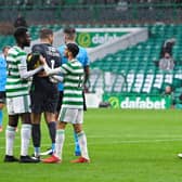 Dundee's Jordan Marshall is sent off for a foul on Celtic's Liel Abada during a cinch Premiership match between Celtic and Dundee at Celtic Park, on August 08, 2021.
