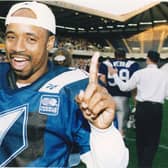 Khari Jones,  celebrates winning the World Bowl in 1996.