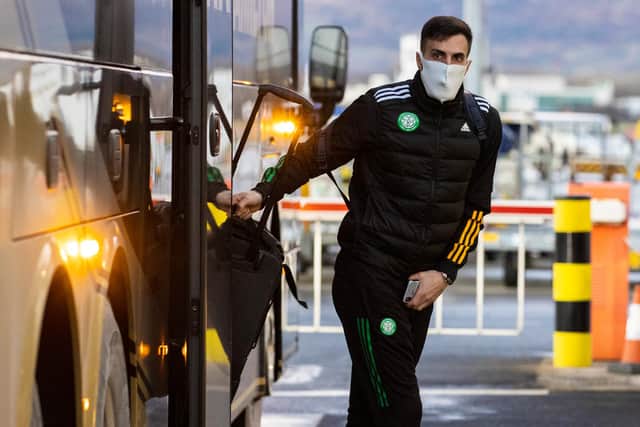 Defender Hatem Abd Elhamed getting off the team bus at Glasgow Airport on Saturday as Celtic fly out to Dubai. Picture: SNS
