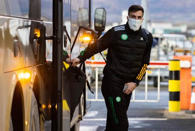 Defender Hatem Abd Elhamed getting off the team bus at Glasgow Airport on Saturday as Celtic fly out to Dubai. Picture: SNS