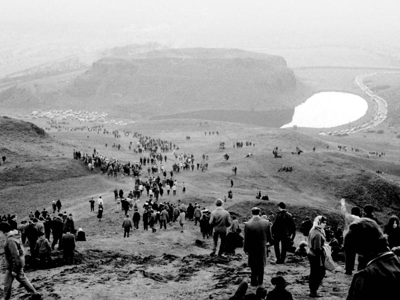A view of crowds on Arthur's Seat at the May Day Sunrise Service in 1964.
