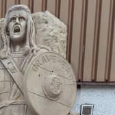 Brechin City FC have installed the so-called ‘Freedom’ sculpture – based on a likeness of Mel Gibson in 1995 flick Braveheart – at Glebe Park, Angus (Picture: Brechin City Football Club/SWNS)