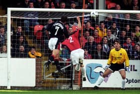 Iain Anderson scores for Dundee in their 'home' fixture v Rangers at Tannadice in April 1999