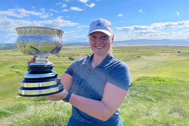 Chloe Goadby shows off the silverware after winnng the Scottish Women's Championship at Gullane. Picture: Scottish Golf.